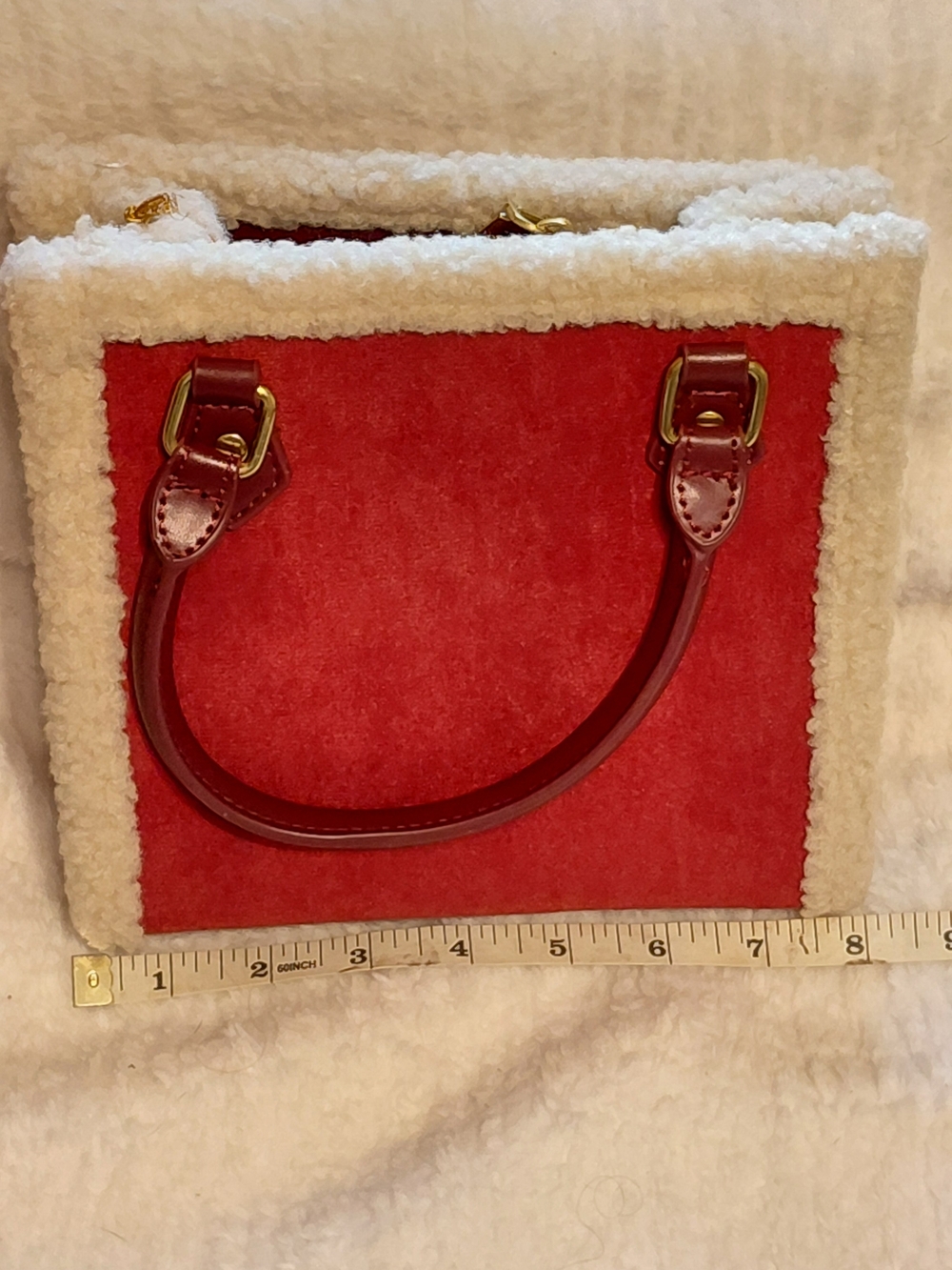 Red Suede and Cream Shearling Accent Women’s Tote Bag